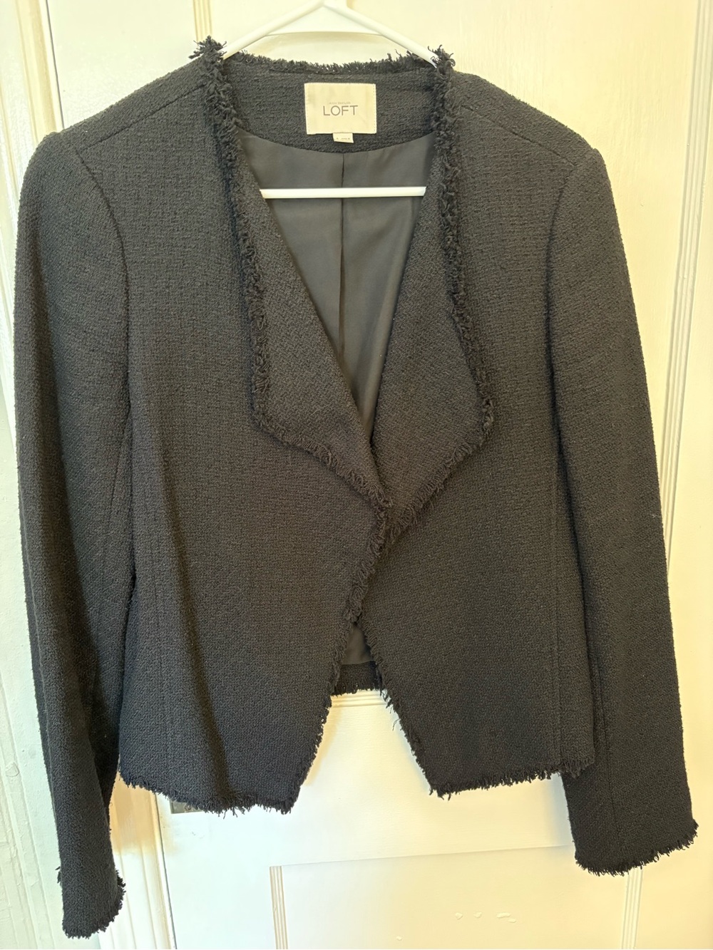 LOFT Black Frayed-Trim Textured Open Blazer